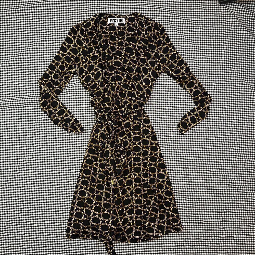 Vicky Tiel Royal Black Gold Laurel Wrap Dress Long Sleeve Travel Size Medium